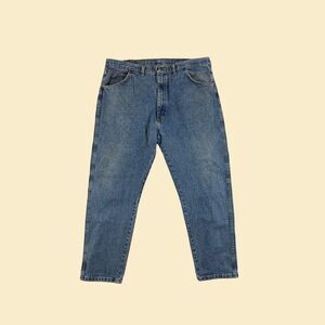 1990s Wrangler denim pants, vintage 42x30 mens USA-made straight leg blue jeans